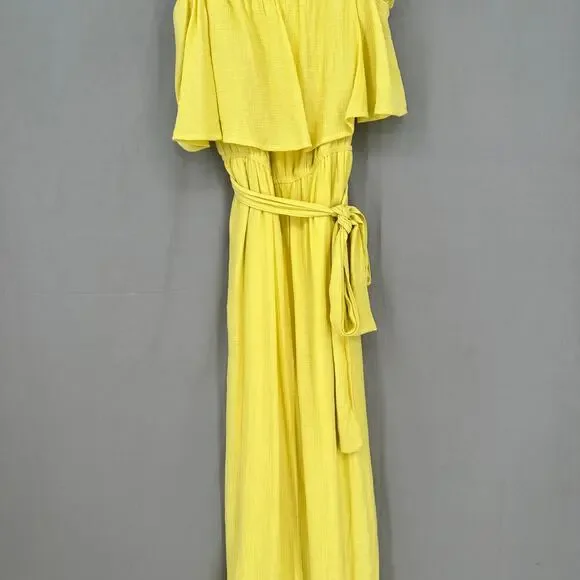 Victoria Sophia Dress Large Yellow Midi Pockets Belted Ruffle Cottage Boho Flowy - Picture 6 of 11